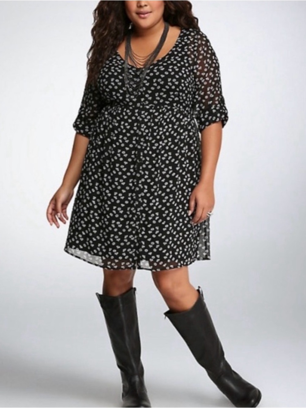 Torrid Diamond Print Sheer Chiffon Shirt Dress 3/4 Sleeve Black & White Size 1
